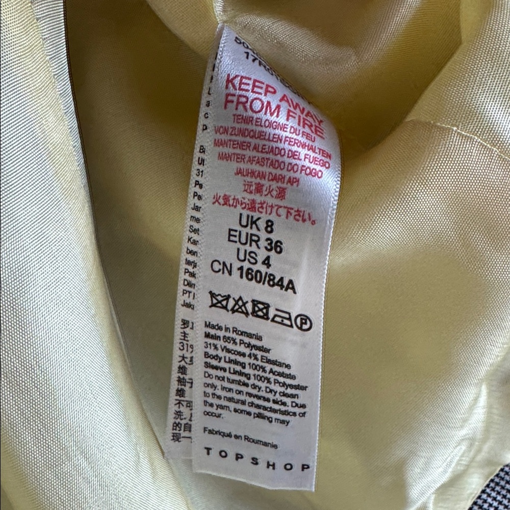 Topshop Plaid Houndstooth Double Breasted Blazer Grey Yellow Womens size 4 US - Picture 4 of 5